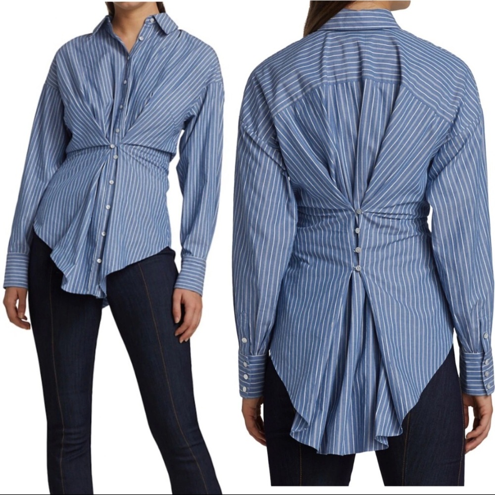 CINQ A SEPT Women's Classic Menswear Shirt‎ Blouse Blue Corset Button Size Small